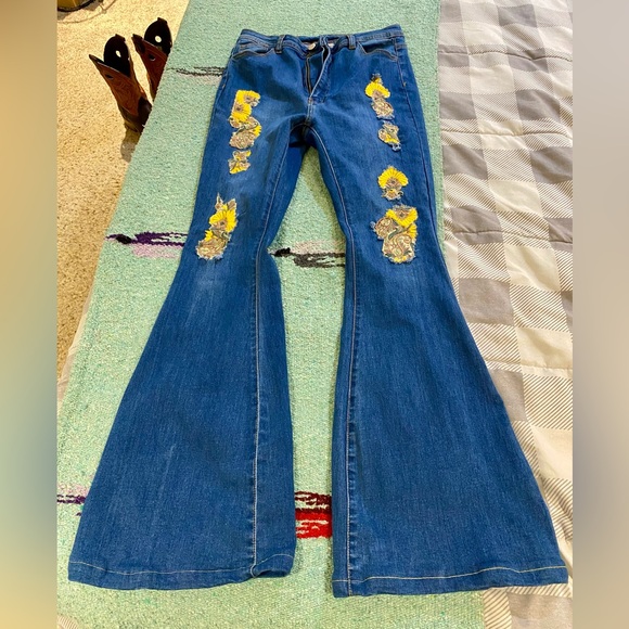 H&Y Fashion Denim - H&Y Fashion Paisley and Floral Embroidered Bell Bottom Blue Jeans